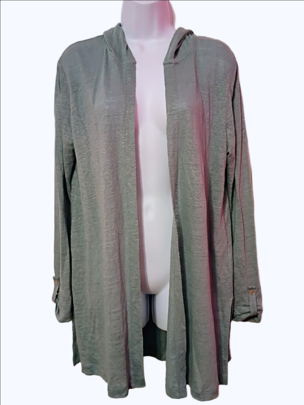 100% Linen Tahari Light Teal Open Front Hooded Cardigan